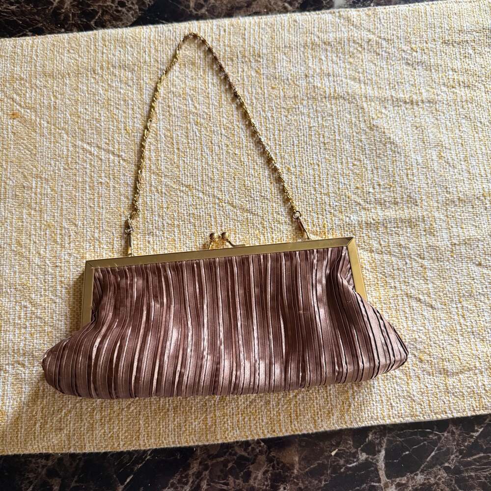 Wild Rose Vintage Bronze Pleated Satin Evening Clutch with Gold Chain Strap